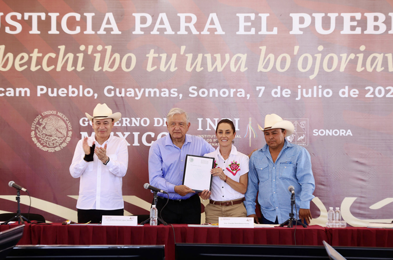 López Obrador y Sheinbaum inauguran primer distrito de riego operado por indígenas